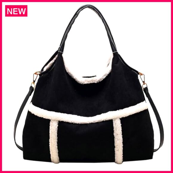 Large Suede Tote Bag with Lamb Wool Lining Adjustable Shoulder Strap - Picture 2 of 8